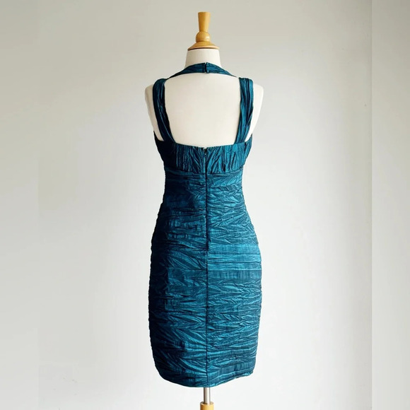 Vintage Niki Livas Teal Crinkle Satin Dress | 2000s Bodycon Mini | Y2K Cocktail - Picture 7 of 11